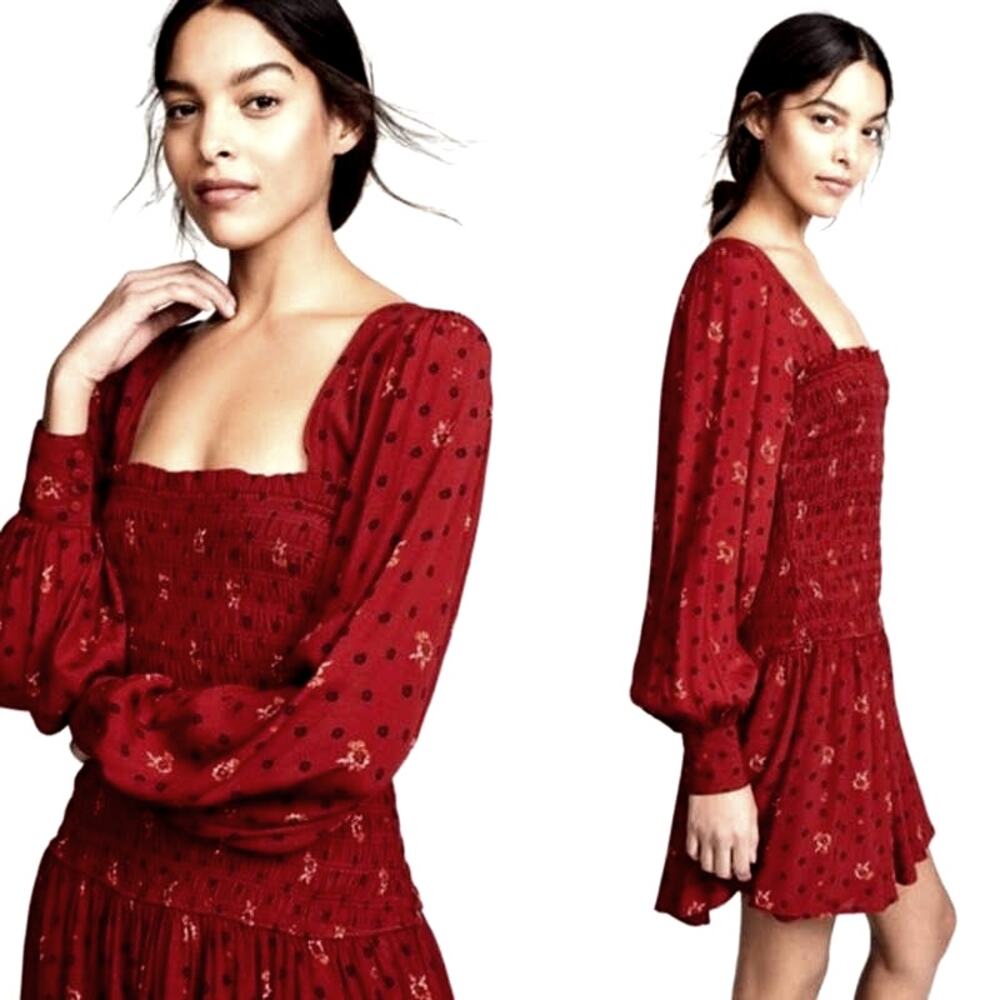 SALE Free People Smocked Floral Mini Dress - Red - Size Small